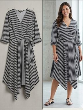 Mlle Gabrielle Black & White Striped Wrap Dress with Handkerchief Hem